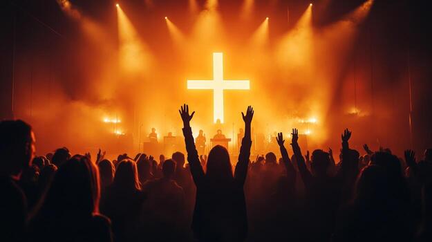 Congregation raising hands in worship at River Family Church