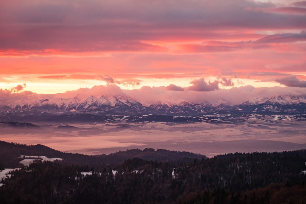 mountains, clouds, sunset